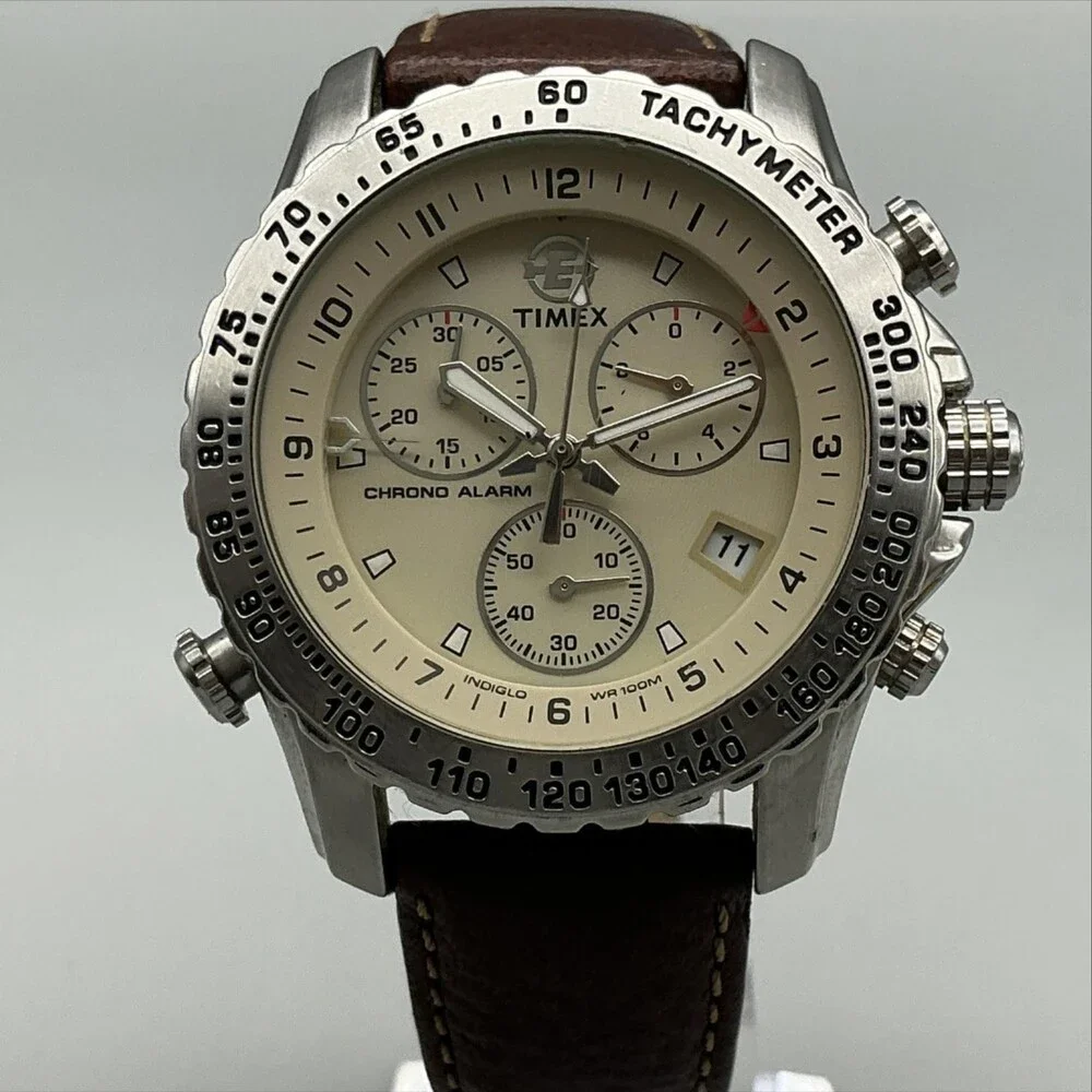 Timex Indiglo Chrono Alarm Mens Watch 40mm Beige Dial Brown Leather New Battery